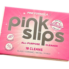 Close-up of Pink Slips packaging – A compact cardboard box of Pink Slips all-purpose cleaner, featuring eco-friendly design and Himalayan pink salt formula.