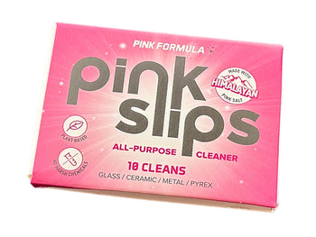 Close-up of Pink Slips packaging – A compact cardboard box of Pink Slips all-purpose cleaner, featuring eco-friendly design and Himalayan pink salt formula.