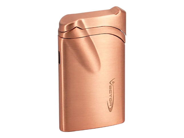 Vector Ultra slim single flame torch lighter in satin rose gold finish with angled flame and sleek ultra-thin metal body.