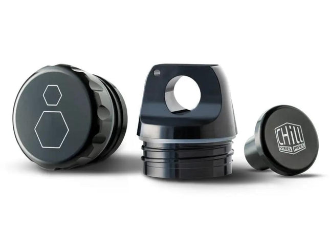 Chill Lid & Plug Set shown with top and bottom plugs for sealing the Chill Steel Pipe for leakproof travel.