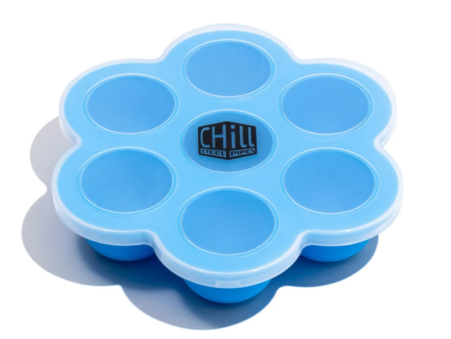 Extra large ice cube tray designed for Chill Steel Pipe, shown with seven oversized cubes ready for freezing.