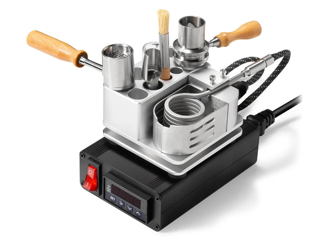 Wireless One Hit Wonder full desktop vape kit with titanium head, PID controller, and herb accessories on display.