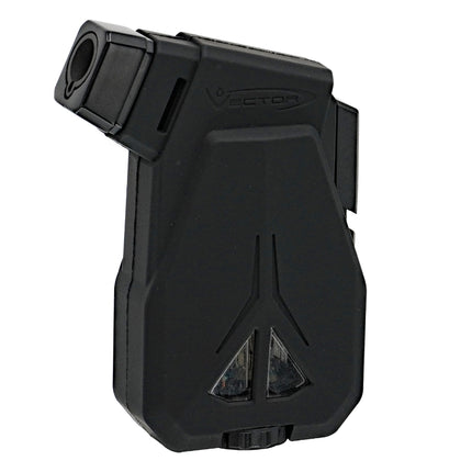 Vector Speed single flame torch lighter in matte black finish with angled flame nozzle and clear fuel window.