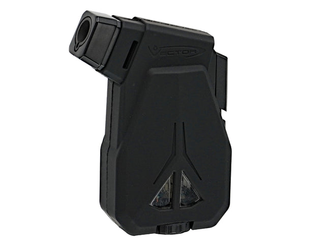 Vector Speed single flame torch lighter in matte black finish with angled flame nozzle and clear fuel window.