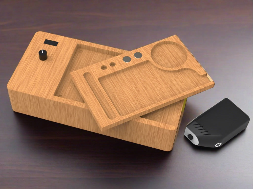 camouflet inductor with bamboo rolling tray removed and lighter head laying on side cords not pictured