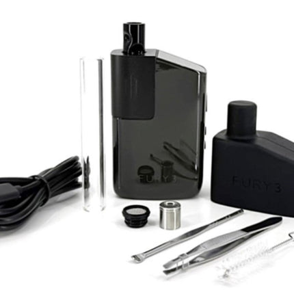 Complete Fury 3 vaporizer kit including device, glass stems, USB-C charger, tools, and accessories laid out on white background.