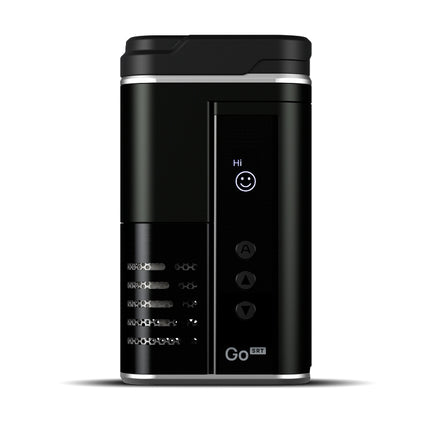 Arizer Go SRT portable vaporizer powered on showing full colour display and heating interface