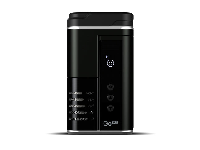 Arizer Go SRT portable vaporizer powered on showing full colour display and heating interface