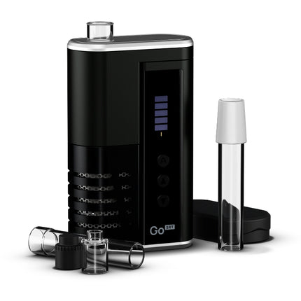 Arizer Go SRT portable vaporizer disassembled showing glass stem chamber and internal components