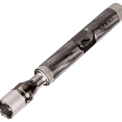 Close-up of the tip and bowl area of the M 7 TwoToniuM vaporizer, highlighting the finless tip design, chamber, and TwoToniuM finish contrast.