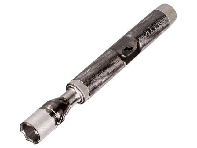 Close-up of the tip and bowl area of the M 7 TwoToniuM vaporizer, highlighting the finless tip design, chamber, and TwoToniuM finish contrast.