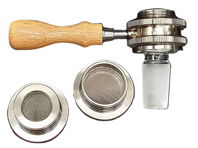 Screwball Modular Bowl by Vapvana shown disassembled, displaying the titanium bowl housing, regular and micro bowl inserts, glass joints