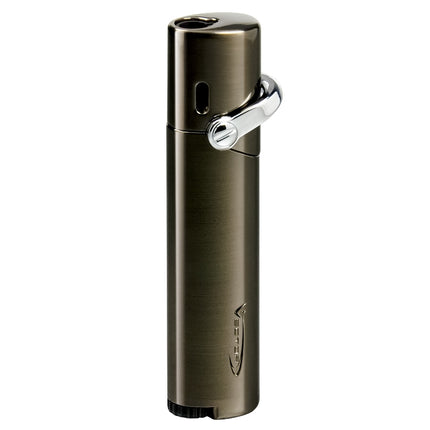 Vector Mystique slim single flame torch lighter in gunmetal satin finish featuring side-lever ignition and metal vertical design.