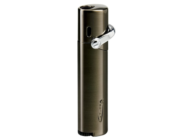 Vector Mystique slim single flame torch lighter in gunmetal satin finish featuring side-lever ignition and metal vertical design.