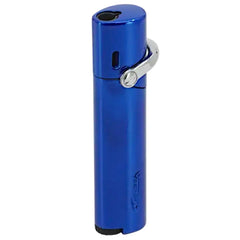 Vector Mystique slim single flame torch lighter in metallic blue with side-lever ignition and large flame adjustment dial.