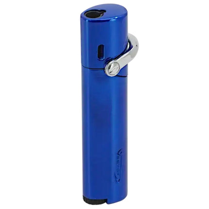 Vector Mystique slim single flame torch lighter in metallic blue with side-lever ignition and large flame adjustment dial.