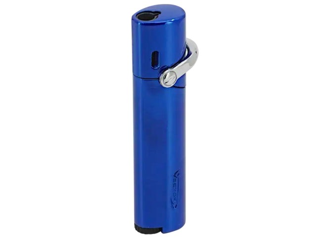 Vector Mystique slim single flame torch lighter in metallic blue with side-lever ignition and large flame adjustment dial.