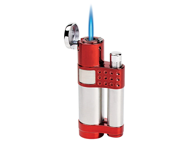 Vector Stratos single flame torch lighter in glossy sparkle burgundy finish with push-button ignition and steampunk-inspired look.