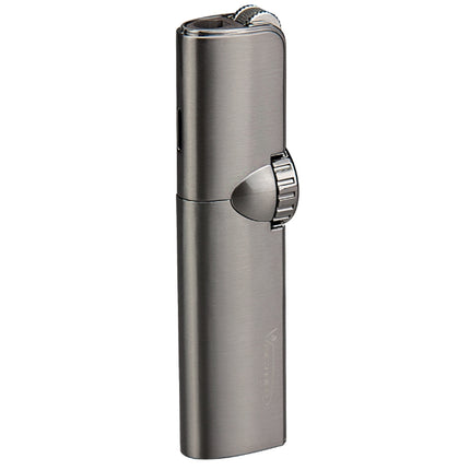 Vector Summit slim single flame torch lighter in gunmetal finish with flint ignition and tall, narrow design.