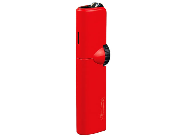 Vector Summit slim single flame torch lighter in red matte finish with flint ignition and compact vertical build.