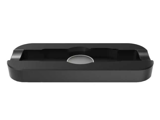 Angled view of the YLL DynaVap Decapper Stand highlighting the cut-out grooves for the cap and the strong silver magnet used for easy, safe cap removal.