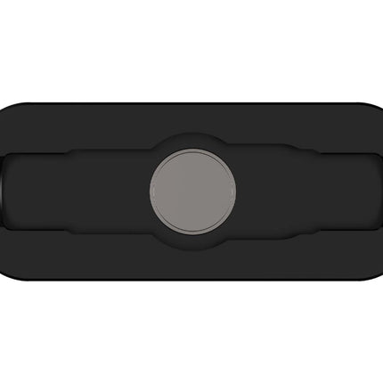 Top-down view of the YLL DynaVap Decapper Stand showing its black metal body, precision-cut cap slots, and centred silver magnet for hands-free decapping.