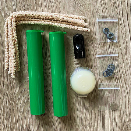 Contents of a DynaVap DynaKit Basic on a table.