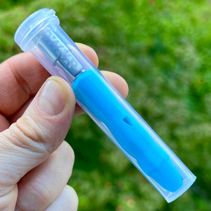 Neon blue Dynavap B Portable Vaporizer in a clear plastic case.
