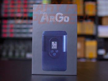 Arizer Go (ArGo) dry herb vaporizer box standing on a table.