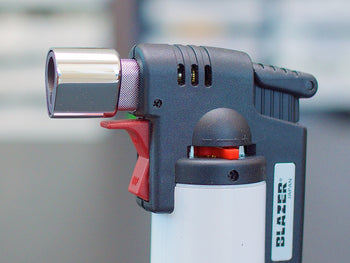 Closeup of Blazer Firefox Butane Torch lighter.
