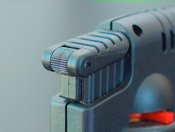 Closeup of the back of Blazer Firefox Butane Torch lighter.