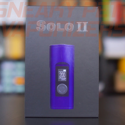 Blue Arizer Solo 2 portable dry herb vaporizers box standing on a table.  