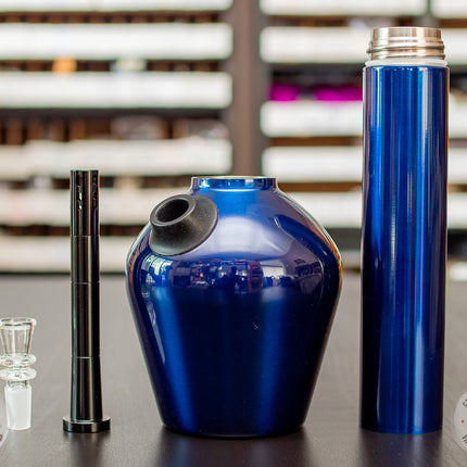 disassembled components of chill steel pipe in blue